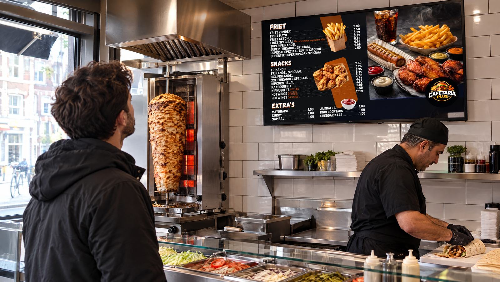 Digitaal menubord op tv in een cafetaria